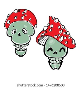 Smiling skulls in a fly agaric hat. Vector illustration on white. Two cartoon isolated characters. Elements for Halloween design.