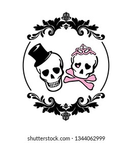 Smiling skulls with hat and princess crown inside black floral frame