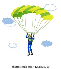 
Smiling skydiver jumping with a parachute in the sky. Vector graphics in cartoon style.