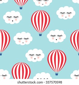 Smiling sleeping clouds and hot air balloons seamless pattern. Cute baby shower vector background. Child drawing style.