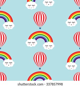 Smiling sleeping clouds, rainbows and hot air balloons seamless pattern. Cute baby shower vector background. Child drawing style.