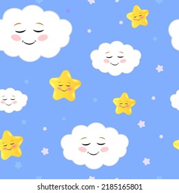 Smiling sleeping clouds and stars vector pattern. Cute sky seamless background. Hand drawn illustration for babies, kids.