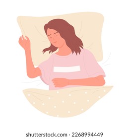 Smiling sleeping girl. Asleep in bedroom, bed dreaming time vector illustration