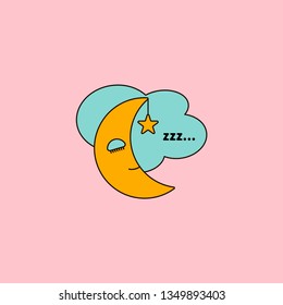 Smiling sleeping moon in clouds, sound z, zzz, icon of sleeping pills, good night. Vector illustration