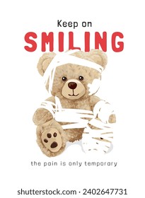 smiling slogan with bear doll in bandage vector illustration