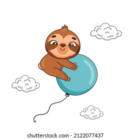 Smiling sloth flying on a blue balloon near the clouds. Vector illustration for designs, prints and patterns. Isolated on white background