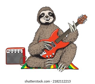 Smiling Sloth In Reggae Style Playing Electric Guitar And Singing A Song. Comic Style Vector Illustration.