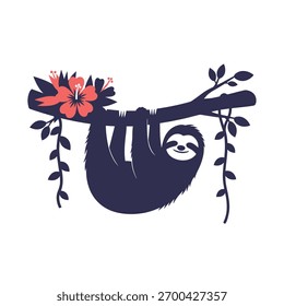 Silhueta de preguiça sorridente pendurada em um galho de árvore decorado com flores de hibisco vermelho tropical e vinhas de escalada verdes.