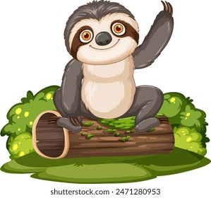 Smiling sloth sitting on a log