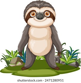 Smiling sloth standing on green grass