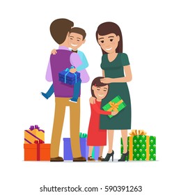 Smiling small boy holding gift box sits on father's hands and present boxes on floor. Girl hugging her mother. Vector illustration of child getting present from parent on holidays. Happy life moments.
