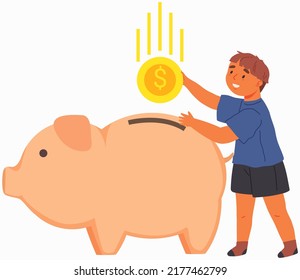 Un niño pequeño sonriente con un banco de cerdos metiendo dinero en él. Caricatura infantil adolescente que ahorra dinero, recauda fondos para invertir en el sueño. Economía financiera y de ahorro, presupuesto infantil