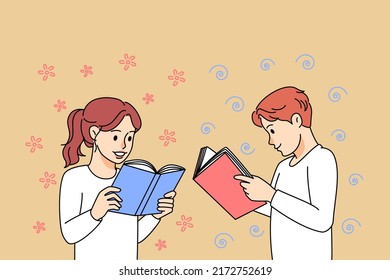 Smiling small children reading book. Happy kids enjoy literature, involved in fairytales or novels. Knowledge and intelligence. Vector illustration. 