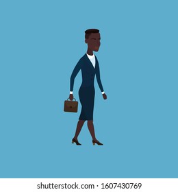 Smiling smart African business lady. Business woman in a blue suit with brown briefcase in hand. Girl step in motion. Confident young lady. Step to success. Vector flat cartoon illustration on blue.