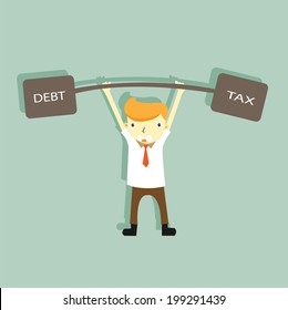 smiling smart business man lift heavy tax and debt over the head,did not afraid tax and debt,illustration,vector 