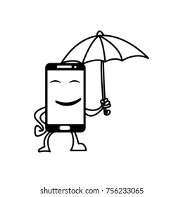 smiling smart phone hold umbrella vector illustration black lines, isolated on white background