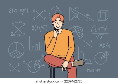 Smiling smart young man sit on chair on mathematics formula background. Successful clever male teacher or tutor near board in class. Vector illustration. 