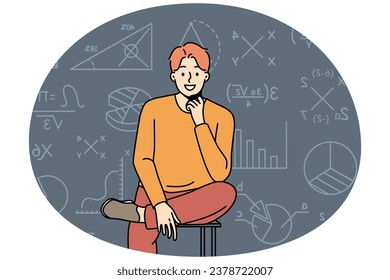 Smiling smart young man sit on chair on mathematics formula background. Successful clever male teacher or tutor near board in class. Vector illustration.