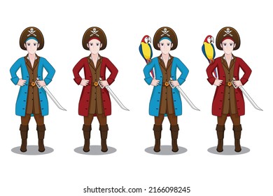 Lächelnde junge Piratenkopfkleider in oder Kostüm in Uniform mit Schwert mit und ohne Papageienvogel, mit farbigem Vektorgrafik