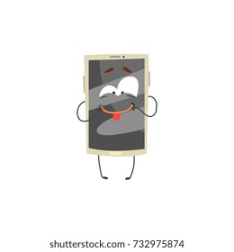 Smiling smartphone character with a grey screen, arms and legs cartoon vector Illustration