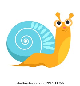 Smiling snail with blue shell flat icon. Book character, sea life, garden animal. Mollusk concept. Vector illustration can be used for topics like zoology, nature, fauna