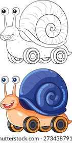 Smiling snail with blue shell and wheels, shown in both color and outline cartoon style