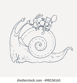 Smiling snail with bunny and kitten on his back. Hilarious tea. Coloring page. Vector illustration.
