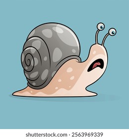 a smiling snail with a gray shell and beige body, featuring exaggerated eyes on stalks, set against a light blue background