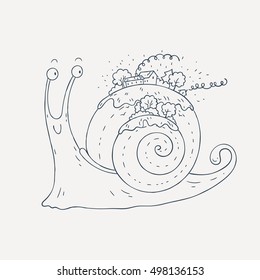 Smiling snail with the village and the forest on the shell. Coloring page. Vector illustration.