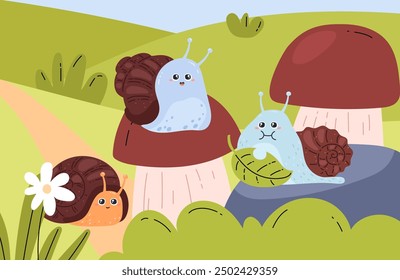 Smiling snails with kind eyes eat a leaf and sit on a porcini mushroom. Warm summer landscape. Mushroom glade. Brown, round, and spiral-shaped shells. Vector illustration isolated on white background.