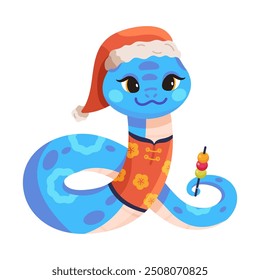 Smiling snake in Santa hat eating sweet festive candy.  New Year snake isolated on white background. Chinese 2025 New Year symbol, Asian kawaii animal character, lunar animal.  Friendly characters 