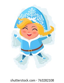 Smiling snow maiden laying in snow and makes figures by hands and legs vector postcard isolated on white background. Russian snegurochka having fun