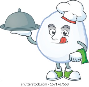 smiling snowball as a Chef with food cartoon style design