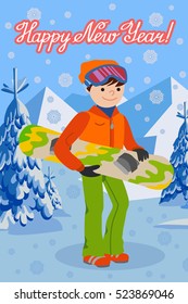 Smiling snowboarder man in winter ski sportswear, helmet and goggles standing with snowboard in hand. Vector illustration