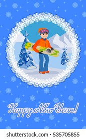 Smiling snowboarder man in winter ski sportswear, helmet and goggles standing with snowboard in hand. Vector illustration