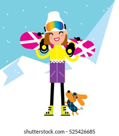 Smiling snowboarding girl wearing sport outfit and mask and holding snowboard. Vector. Cute little dog wearing mask.