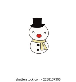 Smiling snowman against white background. freehand drawn illustration.