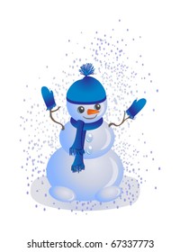 smiling snowman with blue hat and snow on white background