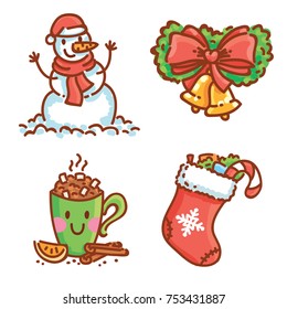 Smiling Snowman, Branch with bow and bell, Holiday beverage, Stockings. Cute cartoon illustration elements for Christmas and New Year celebration. Vector hand drawn doodle style for for greeting card 