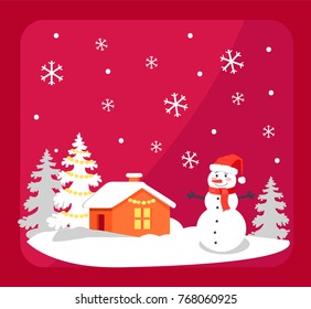 Smiling snowman in bright red hat and orange house with snow-covered roof vector illustration isolated on red background with snowflakes and frame