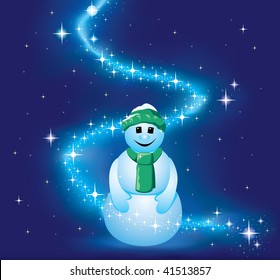 Smiling snowman in bright stars. Vector illustration. Mesh gradient.
