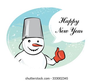 Smiling snowman with bubble. New Year Card.