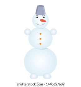 The smiling snowman with bucket on its head is isolated on white background.