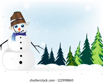 Smiling snowman with a bucket  in a  pine forest. Winter Landscape.