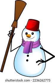 Smiling Snowman Cartoon Character With Broom And Bucket. Vector Hand Drawn Illustration Isolated On Transparent Background