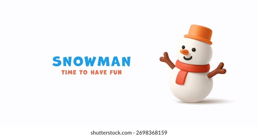 Smiling snowman character, 3D. Time to have fun. For game, children, Christmas holiday concepts. Vector illustration.