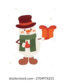Personaje sonriente del muñeco de nieve en sombrero divertido sostiene el regalo de Navidad. Ilustración vectorial dibujada a mano. Festiva Clipart para tarjetas de felicitación y diseños de invitación.