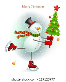 Smiling snowman with Christmas tree in hands skating on ice - vector illustration
