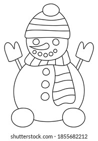 Smiling snowman coloring page for kids and adults vector. Cute little snowman with hat, scarf and mittens. Funny winter character black outline white isolated. Vertical printable worksheet for kids