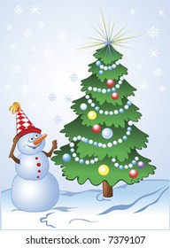 Smiling snowman and decorated pine-tree in comic style